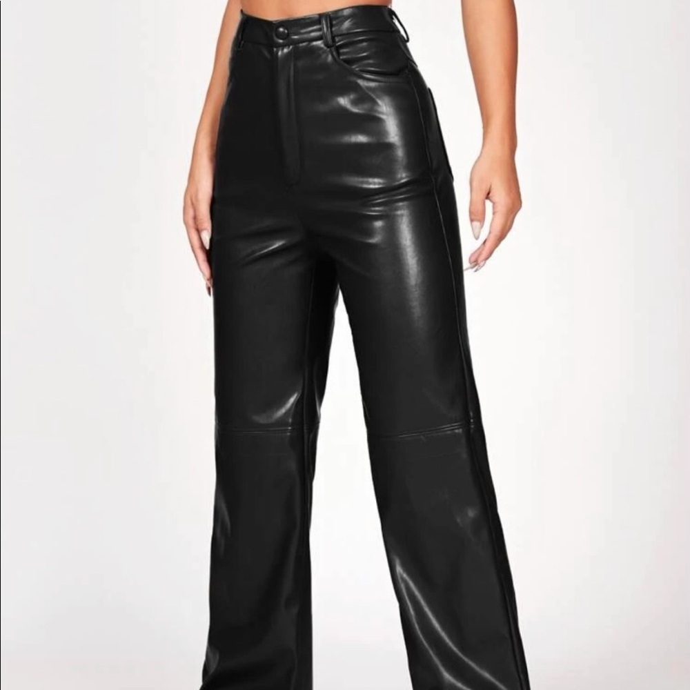 Solid PU leather straight leg pants